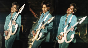 Prince with Schecter White Symbol Electric Guitar