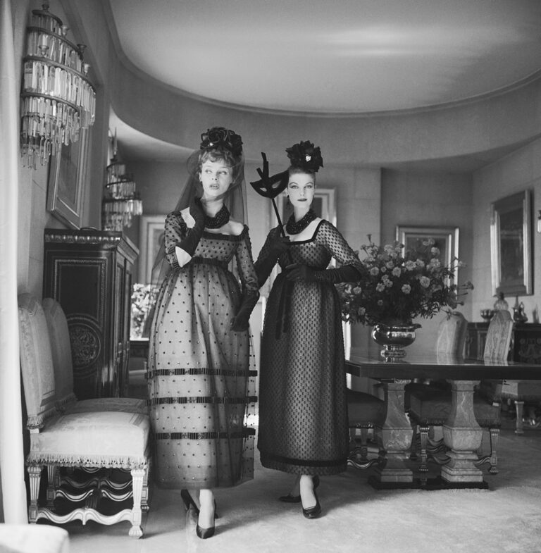 Dior, Two Girls in Dresses by Dior's New Designer Yves St. Laurent, B&W